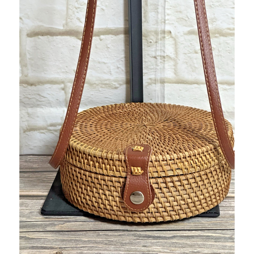 Vintage Wicker Rattan Circle Canteen‎ Style Boho Crossbody Bag Purse - Picture 11 of 16